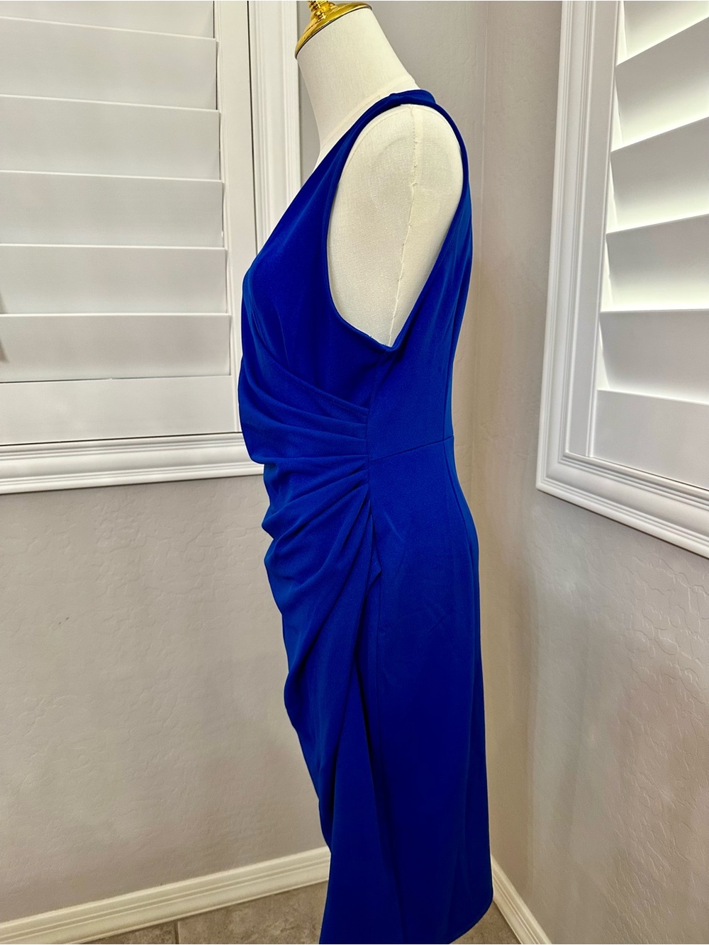 Cocktail Dress. Sleeveless Cobalt Wrap-Front Sheath Dress - Picture 3 of 4